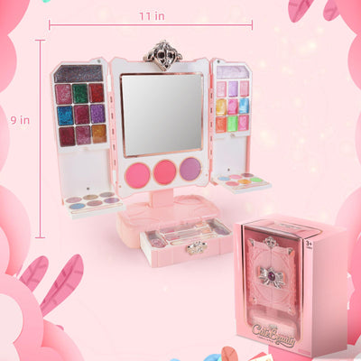 Coiffeuse Rose de Maquillage pour Enfants – Coiffeuse Pliable avec Miroir, Lumières Musicales et Accessoires de Maquillage Complets pour Filles, Idéale pour le Jeu d'Imitation et les Jeux de Rôle, Cadeau pour les 3 Ans et Plus