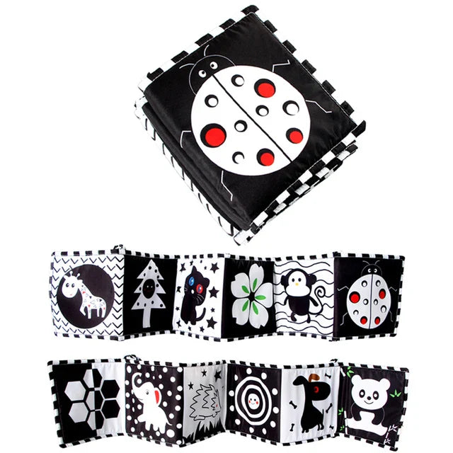 Livre en tissu à contraste élevé Fidtoy pour bébés – Set de jouets Montessori noir et blanc sensoriels pour le temps sur le ventre de 0 à 6 mois