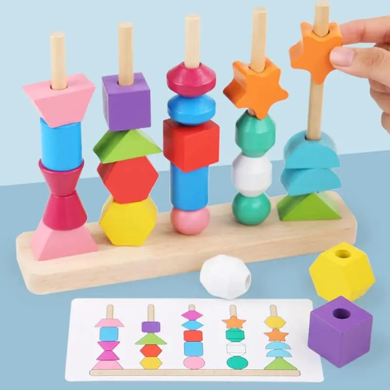 Fidtoy Montessori Shape Matching Game Wooden Sequencing and Threading Toy for Toddlers