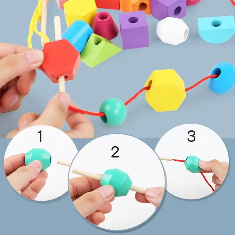 Fidtoy Montessori Shape Matching Game Wooden Sequencing and Threading Toy for Toddlers