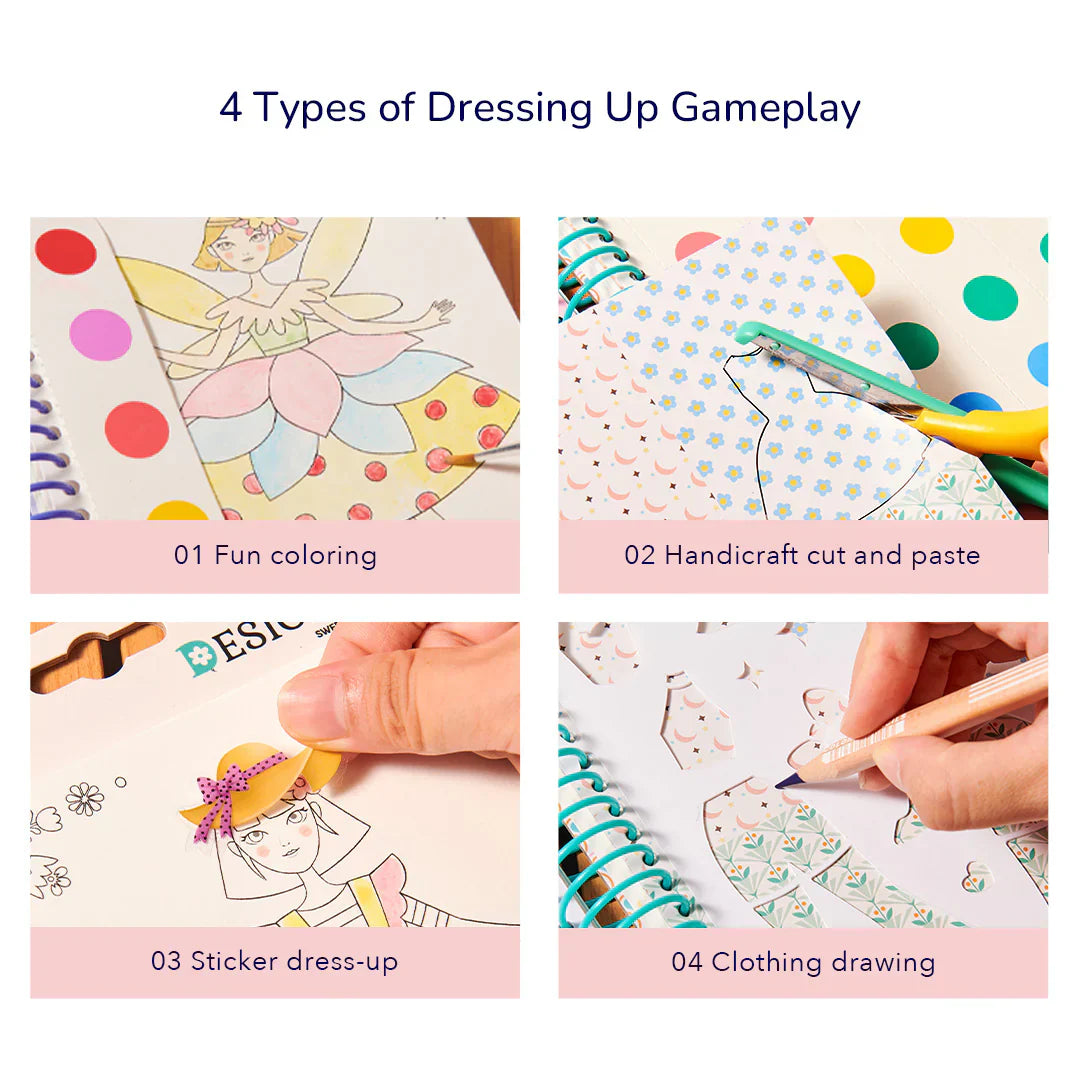 Pequeña Diseñadora - Fiesta del Té de Princesas | Diseño de moda con telas, pegatinas de accesorios, colores