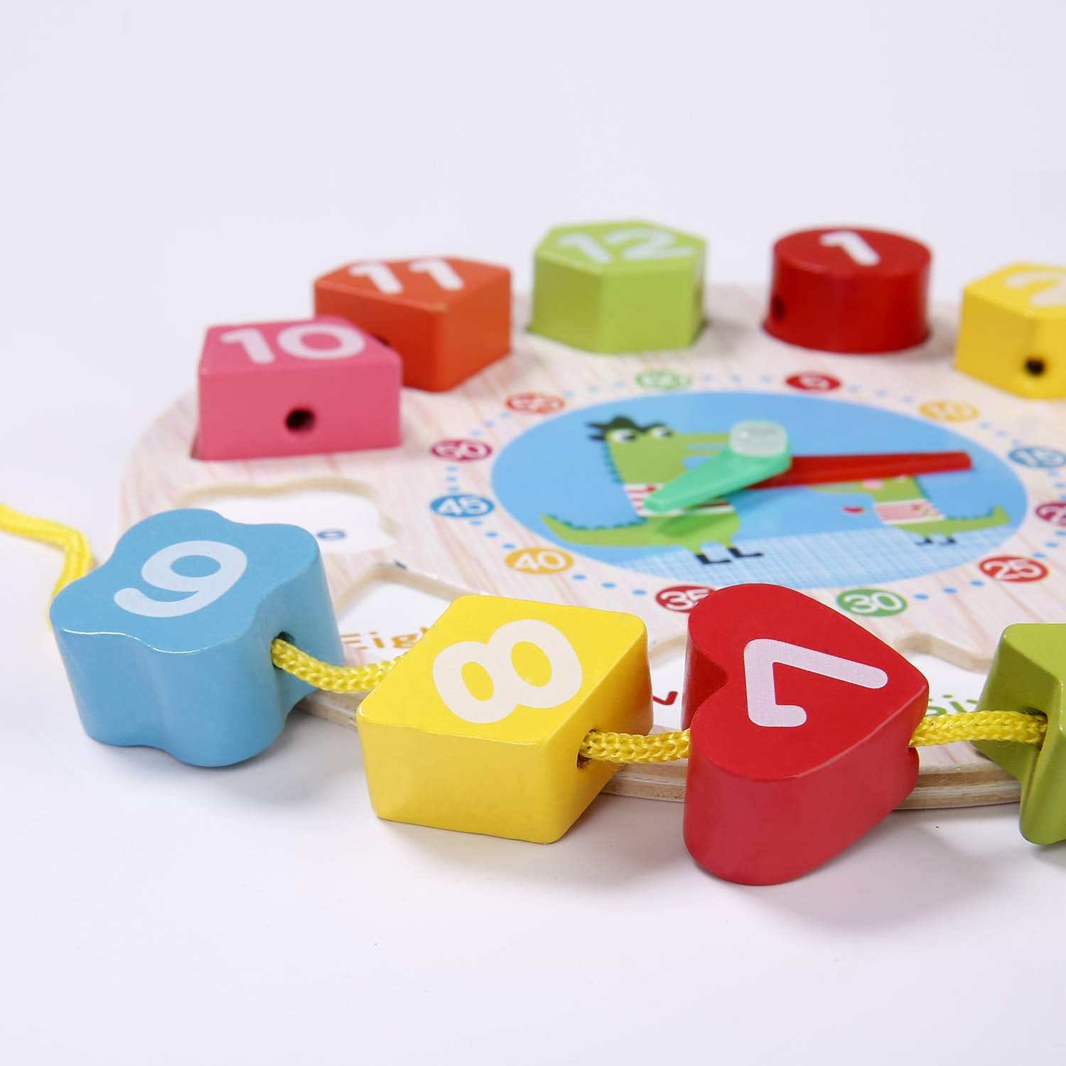 Fidtoy Wooden Shape Sorting Clock for Kids Ages 2+, Montessori Teaching Time Toy with 12 Number Blocks, Lacing Thread, Color Shape Matching, Hour Minute Second Learning and Fine Motor Play