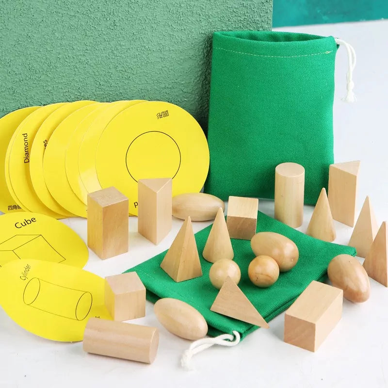 Fidtoy Wooden Geometric Shape Puzzle Set for Kids | 20 3D Shape Blocks, 10 Matching Cards, Montessori Geometry Learning Toy, Spatial Reasoning & Hand-Eye Coordination Toy Age 3+