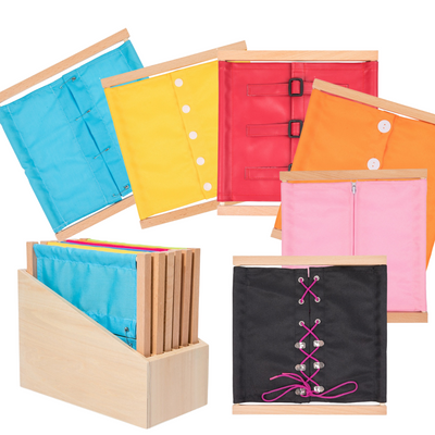 Cadres d'habillage Montessori A et boîte de rangement – Lot de 6