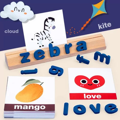 Fidtoy Zebra Jeu d'orthographe en bois pour la construction du vocabulaire, jouet d'association de mots pour la maternelle avec 78 blocs de lettres, 50 cartes et un support de cartes en bois, à partir de 3 ans
