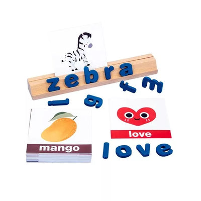 Fidtoy Zebra Jeu d'orthographe en bois pour la construction du vocabulaire, jouet d'association de mots pour la maternelle avec 78 blocs de lettres, 50 cartes et un support de cartes en bois, à partir de 3 ans