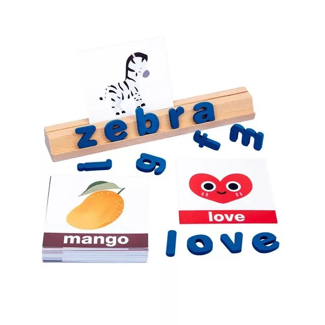 Fidtoy Zebra Jeu d'orthographe en bois pour la construction du vocabulaire, jouet d'association de mots pour la maternelle avec 78 blocs de lettres, 50 cartes et un support de cartes en bois, à partir de 3 ans