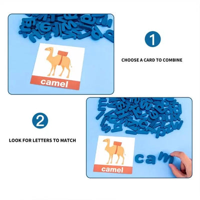 Fidtoy Zebra Jeu d'orthographe en bois pour la construction du vocabulaire, jouet d'association de mots pour la maternelle avec 78 blocs de lettres, 50 cartes et un support de cartes en bois, à partir de 3 ans