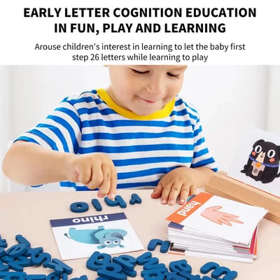 Fidtoy Zebra Jeu d'orthographe en bois pour la construction du vocabulaire, jouet d'association de mots pour la maternelle avec 78 blocs de lettres, 50 cartes et un support de cartes en bois, à partir de 3 ans