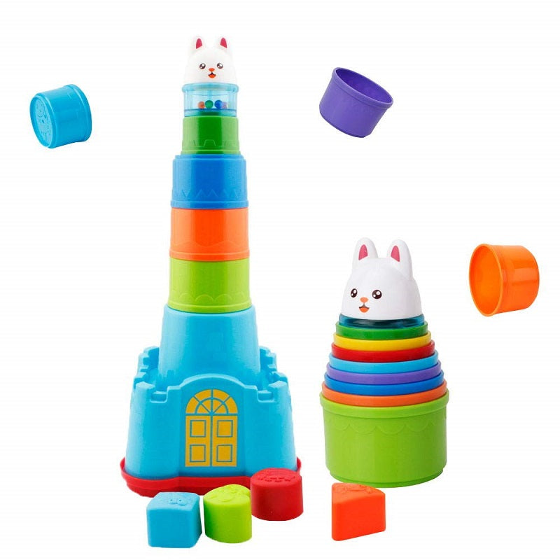 Fidtoy Rainbow Castle Stacking Cups Toy 15 Pieces Plastic Baby Nesting Cups with Cat Top for Bath Beach Color Sorting Ages 12M+