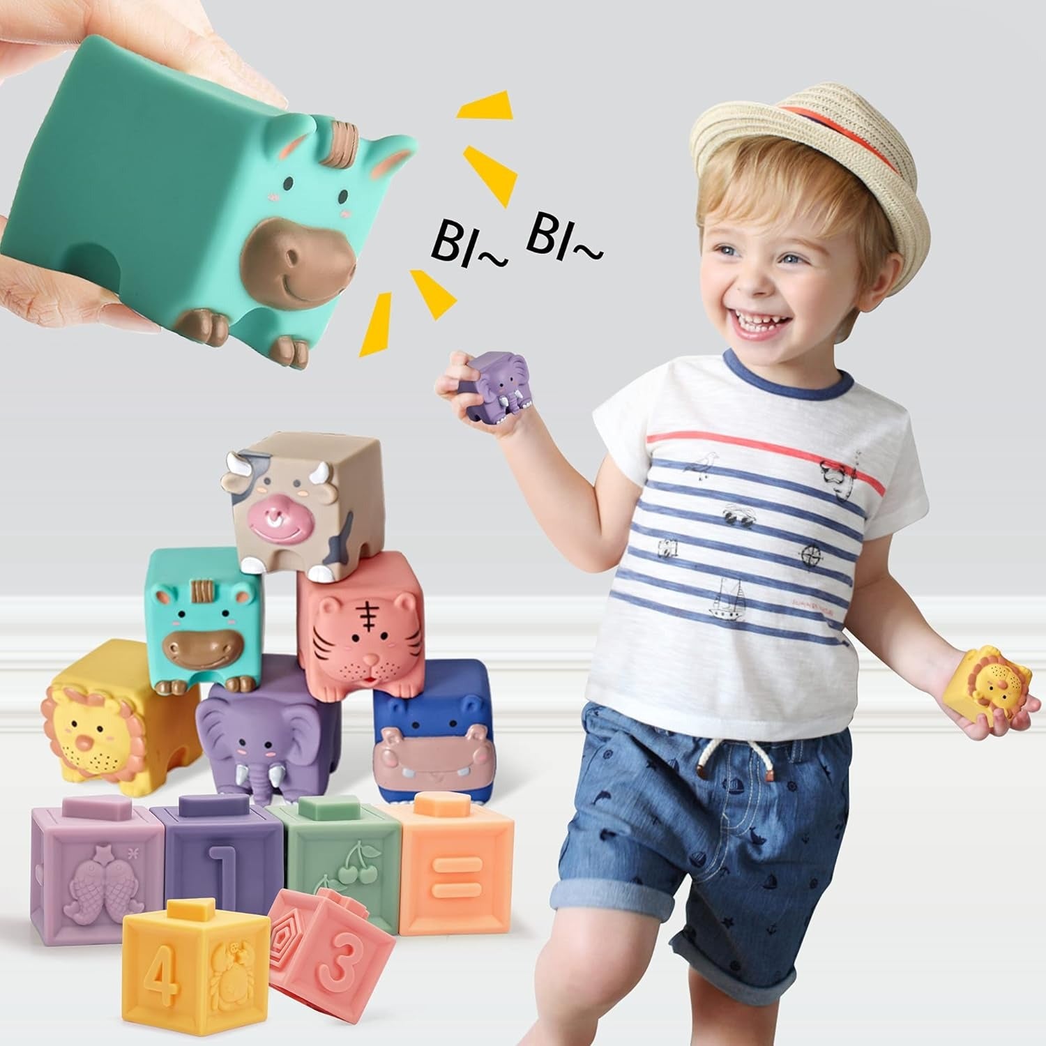 Fidtoy Baby Activity Soft Building Blocks Animal and Number Silicone Stacking Blocks for Babies Ages 0-2 with Animals, Numbers, Colors and Shapes