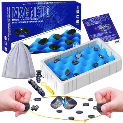 Jeu de société familial Fidtoy Magnetic Effect Chess Stone, Jeu de stratégie en pierre magnétique avec plateau en éponge, corde de jeu et sac de rangement, Jeu de société de logique familiale pour les 3 ans et plus