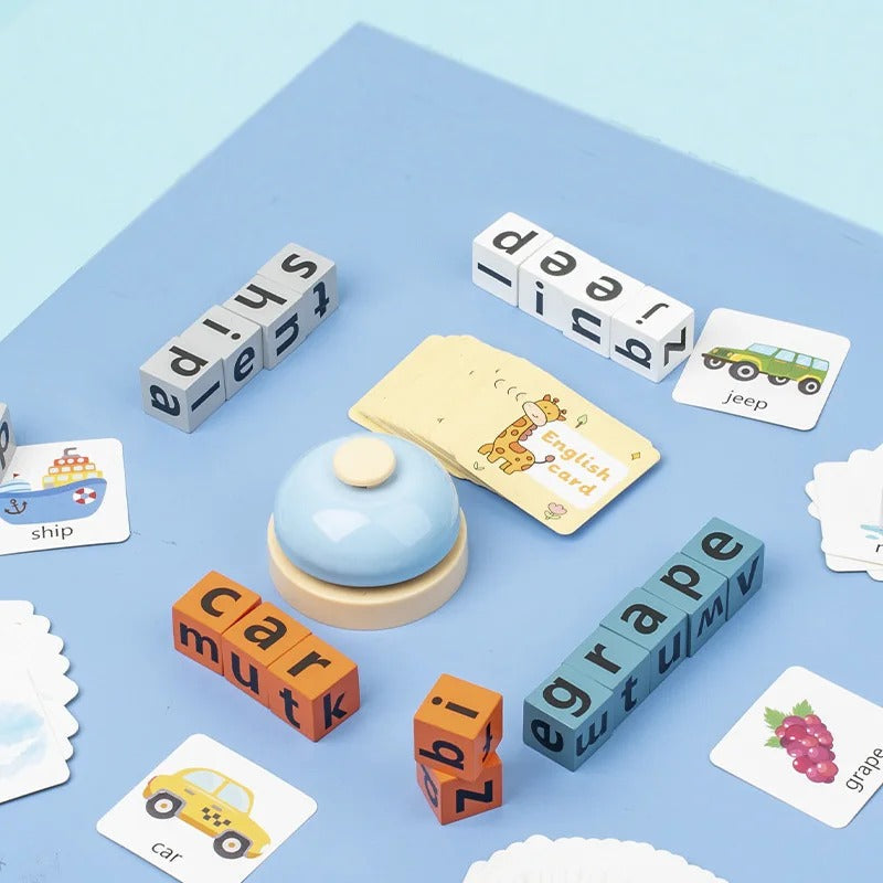 Fidtoy Wooden Spelling Blocks Game with Buzzer Letter Matching Word Building Toy for 2 to 4 Players Ages 3 to 8