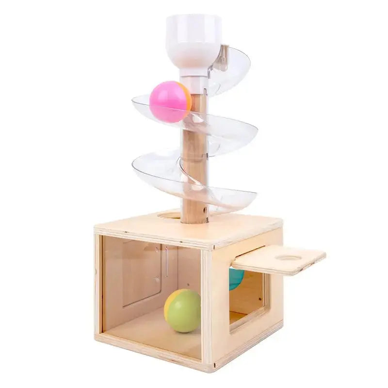 Fidtoy Tobogán de Caja de Madera con Permanencia de Objeto 3 Salidas – Juguete Montessori para Niños Pequeños para la Motricidad Fina, Resolución de Problemas y Coordinación Mano-Ojo