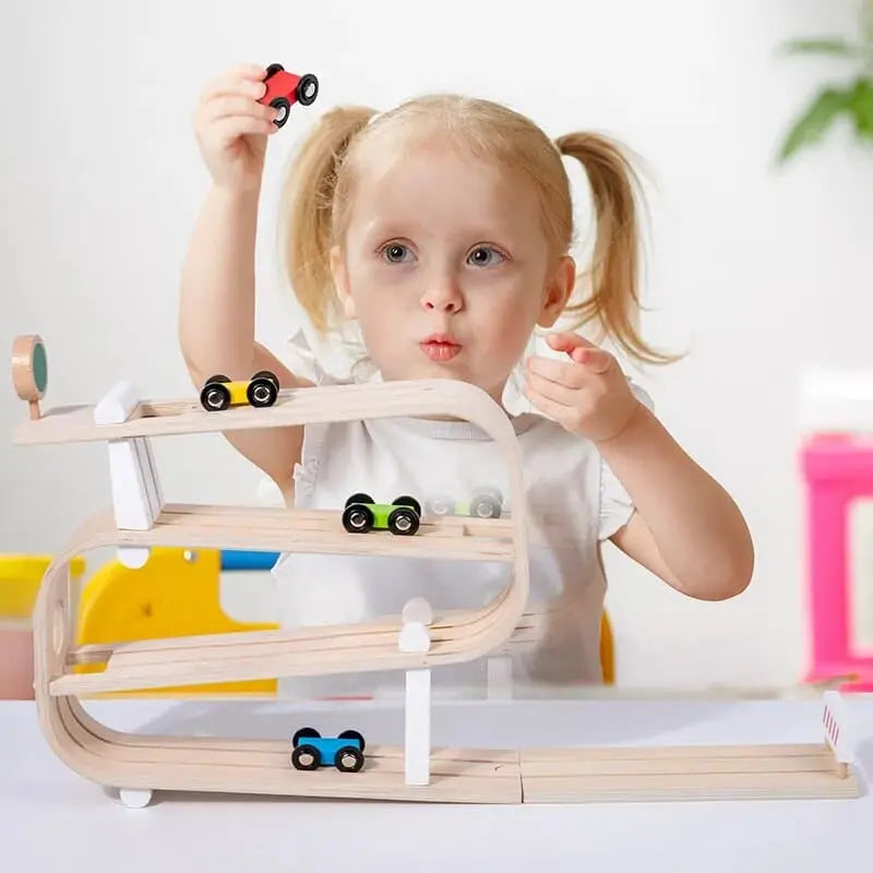 Fidtoy Pista de Coches de Madera para Niños Pequeños – Juguete Montessori de Carreras para Interior para Juego Creativo