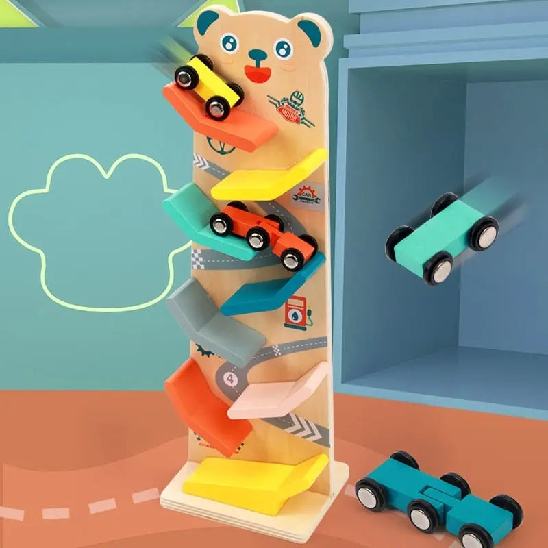 Fidtoy Rampa de coche de madera para niños pequeños – Juguete de carreras Montessori para juego creativo en interiores