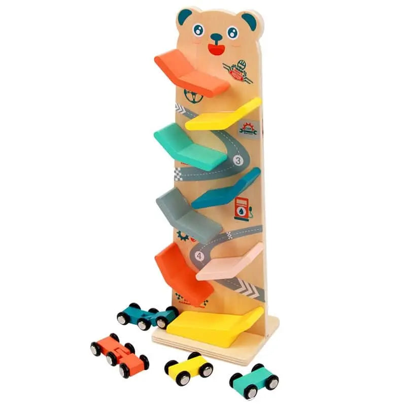 Fidtoy Rampa de coche de madera para niños pequeños – Juguete de carreras Montessori para juego creativo en interiores