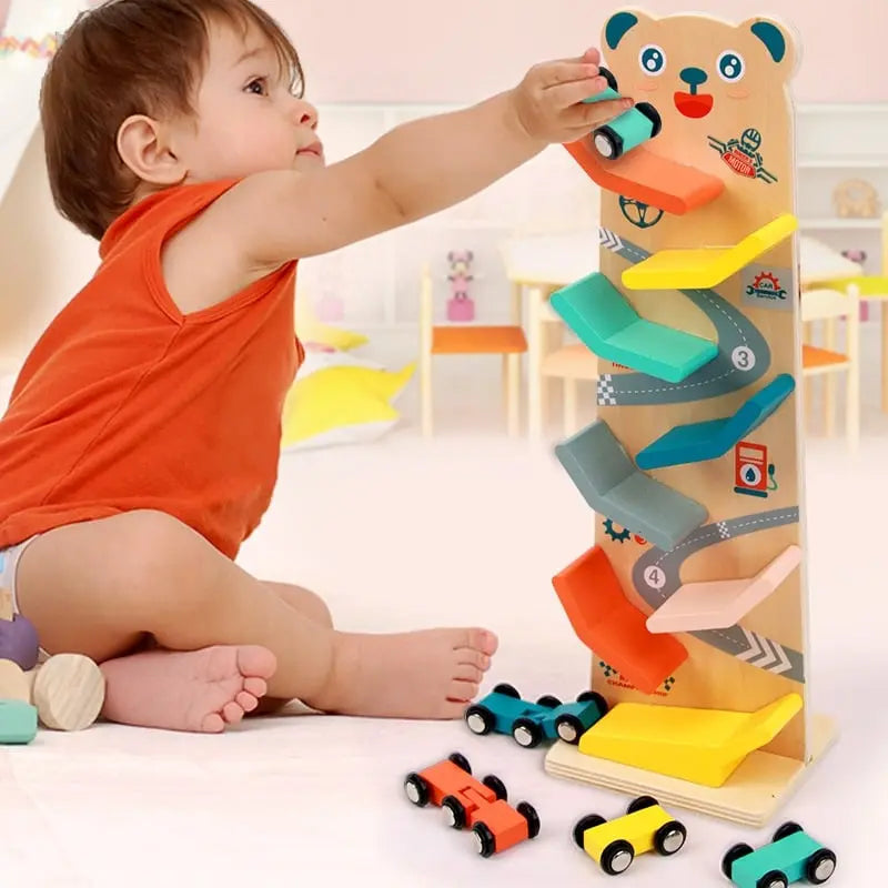 Fidtoy Rampa de coche de madera para niños pequeños – Juguete de carreras Montessori para juego creativo en interiores