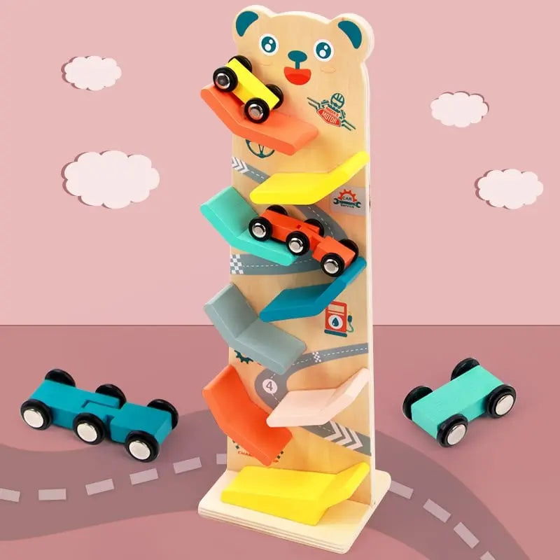 Fidtoy Rampa de coche de madera para niños pequeños – Juguete de carreras Montessori para juego creativo en interiores