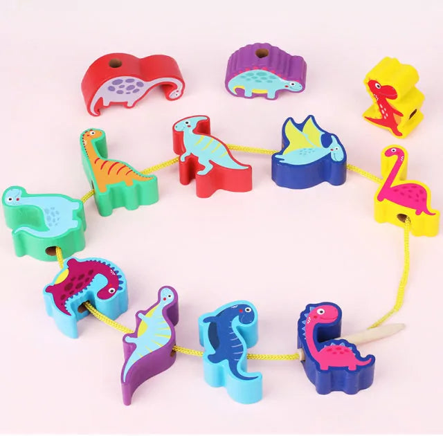 Fidtoy Wooden Dinosaur Balancing Blocks and Lacing Toy for Kids | Montessori Stacking Balance Game, Dinosaur Threading Toy, Hand-Eye Coordination & Fine Motor Toy Age 3+