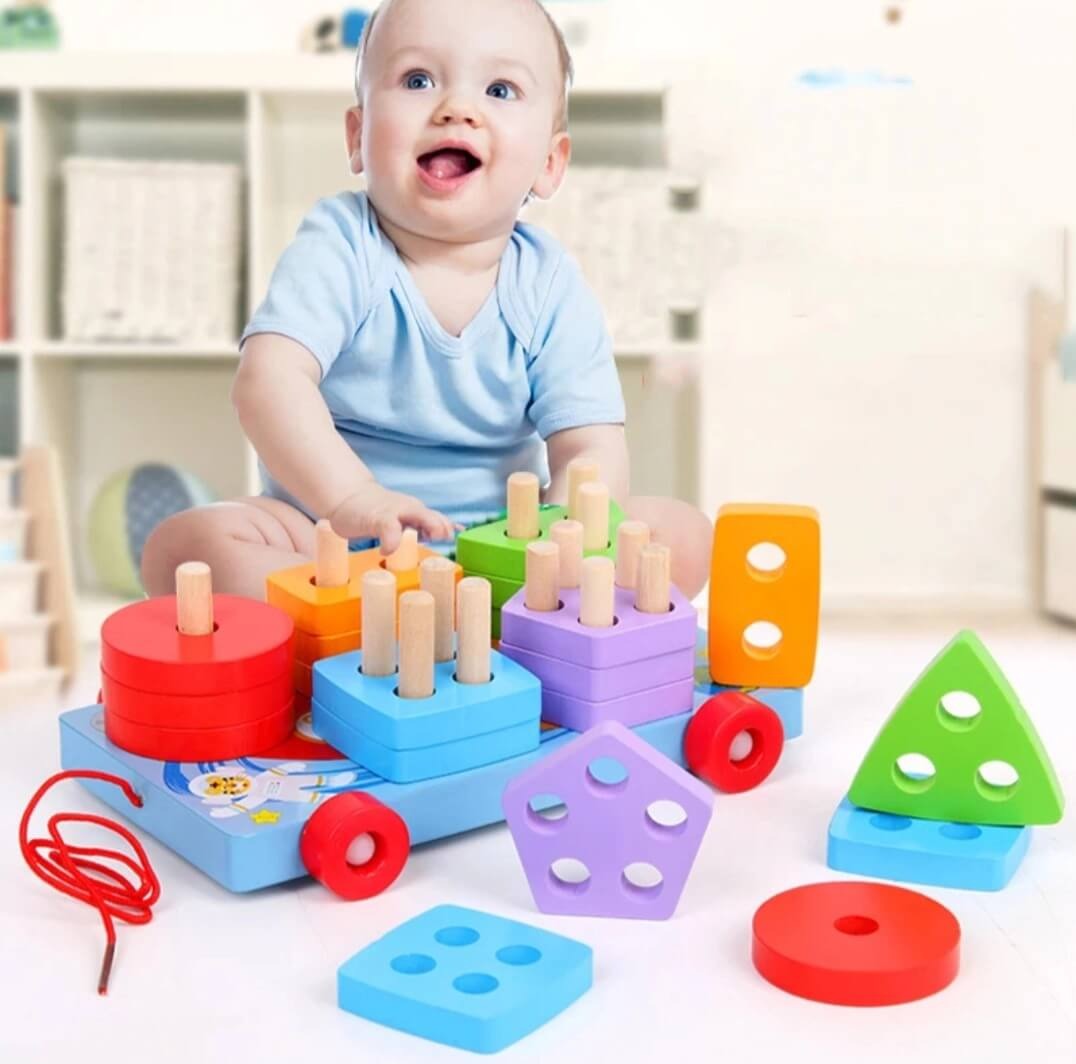 Fidtoy Wooden Geometric Shape Sorter Pull Car with 20 Colorful Blocks and Stacking Board for Toddlers 24+ Months