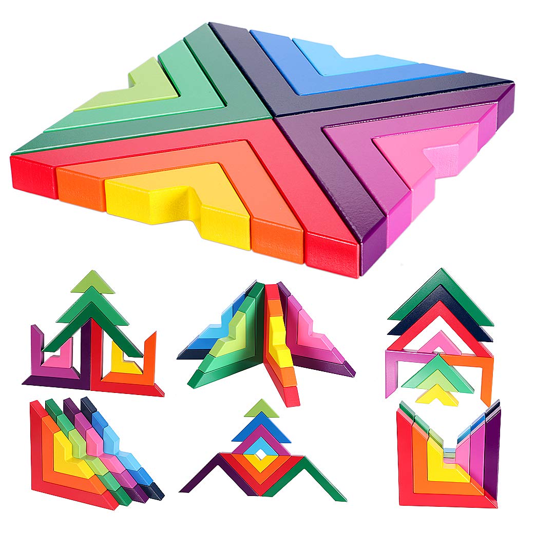 12 bloques de arcoíris de madera de colores con ángulos - Juguetes de construcción libre