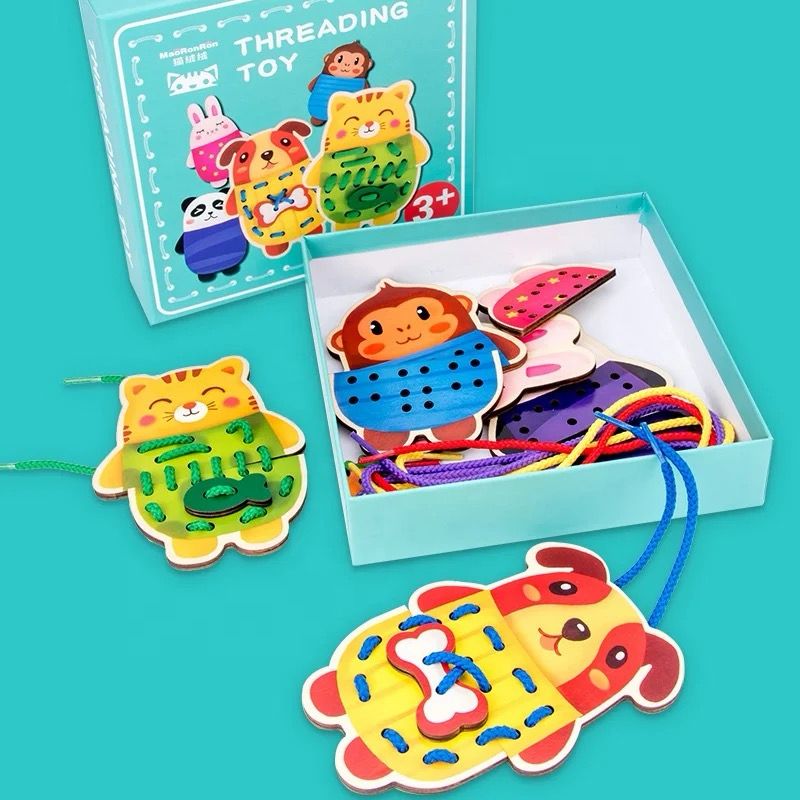 Jeu d'enfilage d'animaux en bois – Jouet de motricité fine et de coordination œil-main
