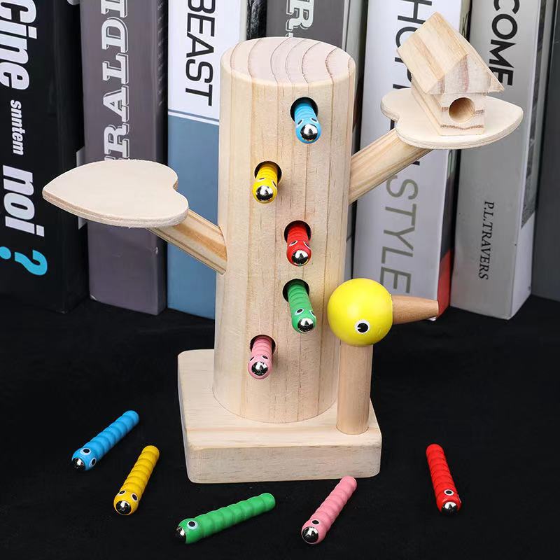 Jeu d'arbre en bois et attrape-vers - Jouets de motricité fine