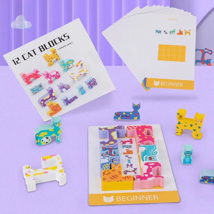 Fidtoy Cat Shape Creative Mind Pattern Puzzle for Kids | 12-Piece Logic Matching Game, 34 Pattern Cards, Visual Thinking, Short-Term Memory & Family Brain Game Age 6+