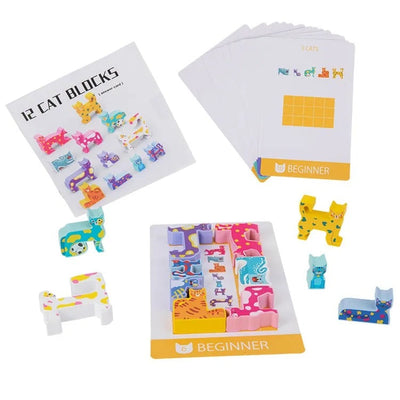 Fidtoy Cat Shape Creative Mind Pattern Puzzle for Kids | 12-Piece Logic Matching Game, 34 Pattern Cards, Visual Thinking, Short-Term Memory & Family Brain Game Age 6+