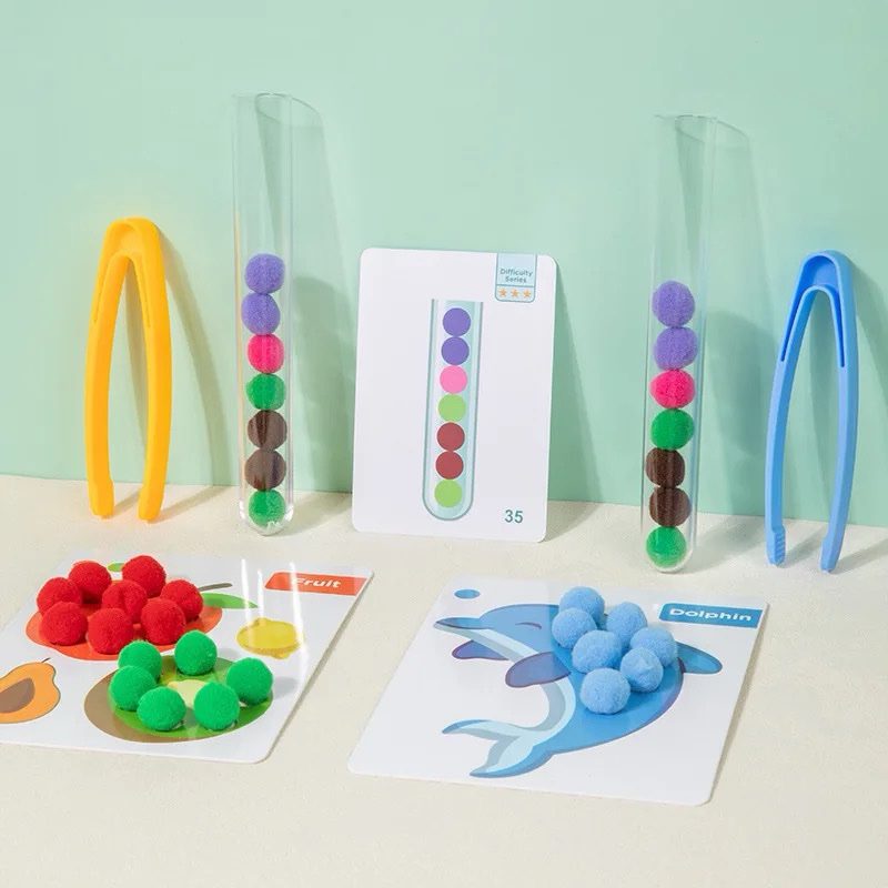 Actividad de clasificación de bolas de felpa con pinzas – Juego de motricidad fina, combinación de colores y conteo