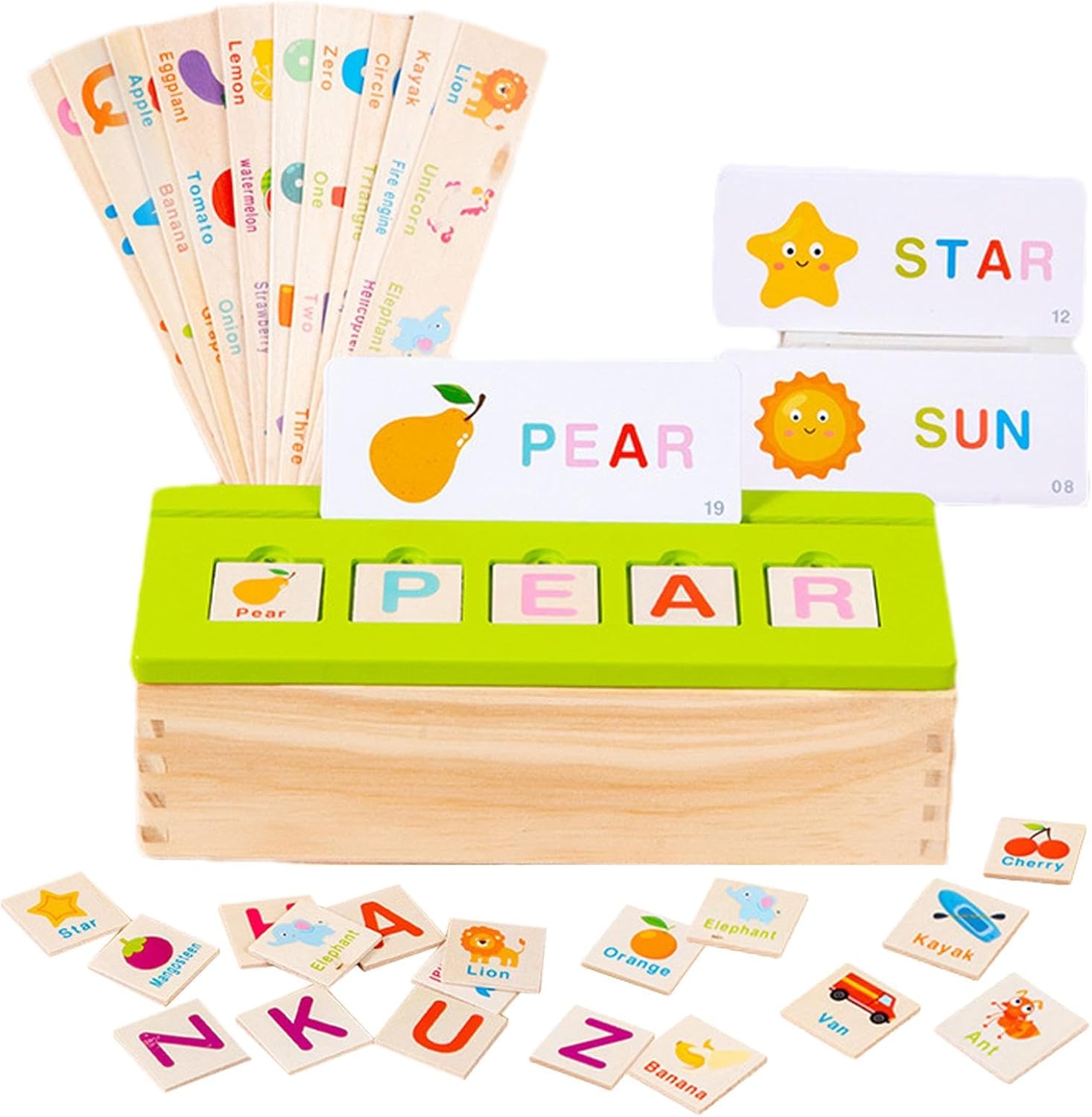 Boîte d'objets de classification des connaissances en bois assortis et de cartes flash - 048