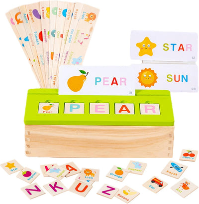 Boîte d'objets de classification des connaissances en bois assortis et de cartes flash - 048