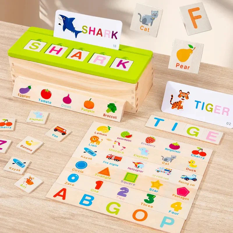 Fidtoy Wooden Knowledge Classification Objects Matching and Flash Cards Box Alphabet Learning Toy for Kids Ages 3+