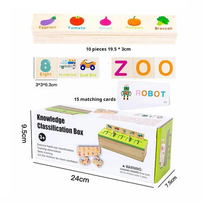 Boîte d'objets de classification des connaissances en bois assortis et de cartes flash - 048