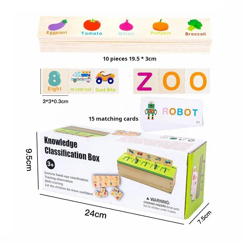 Fidtoy Wooden Knowledge Classification Objects Matching and Flash Cards Box Alphabet Learning Toy for Kids Ages 3+