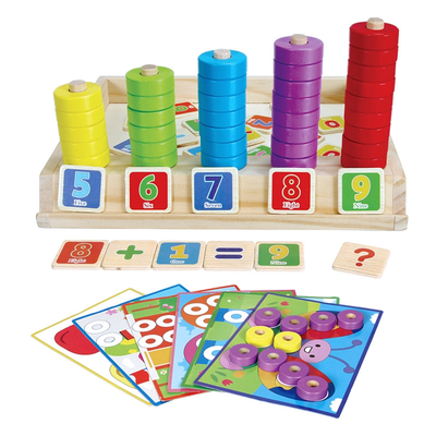 Fidtoy Wooden Number Counting Ring Board with Animal Puzzle Cards for Preschool Math Learning Toy