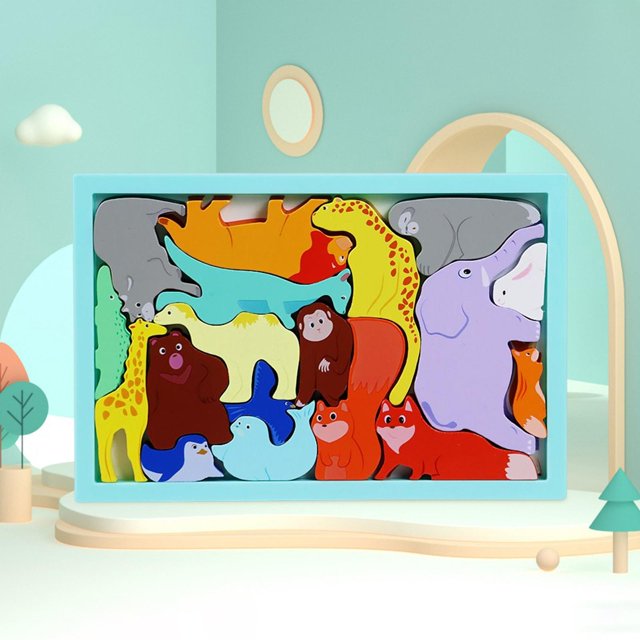 Fidtoy Wooden Logical Challenge Tray Blocks Game Animal Puzzle for Kids Ages 3+