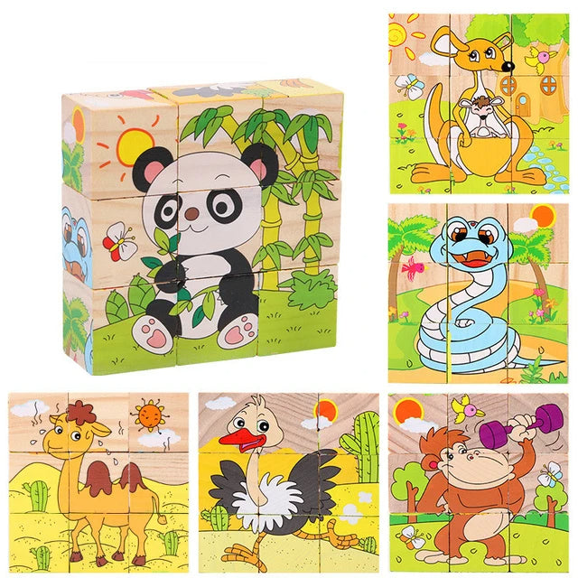 Fidtoy Puzzle en bois 3D pour tout-petits – Jouet éducatif cube animaux 6-en-1