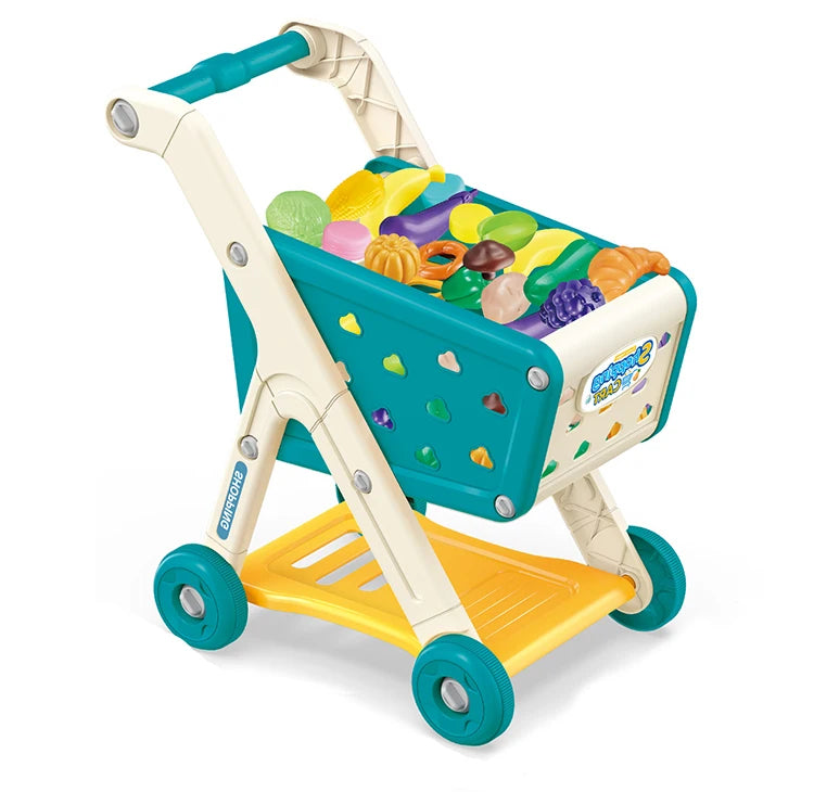 Fidtoy Caddie de Supermarché Enfant avec Accessoires de Jeu d'Imitation Aliments, Chariot de Supermarché Réglable pour Tout-Petits