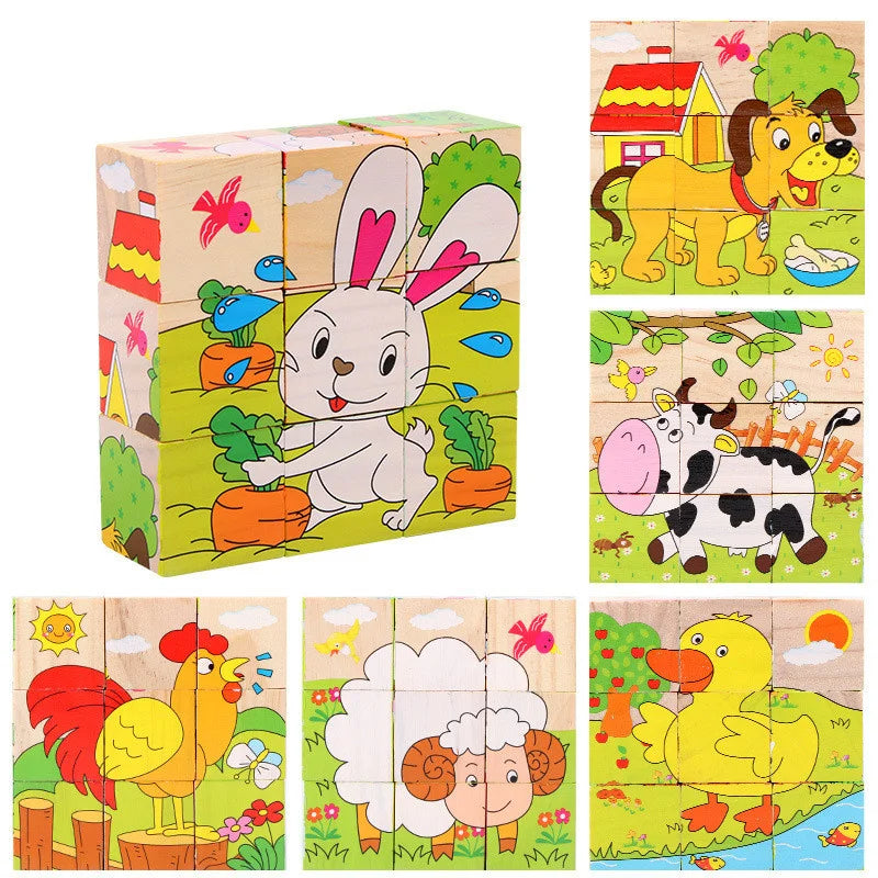 Fidtoy Puzzle en bois 3D pour tout-petits – Jouet éducatif cube animaux 6-en-1