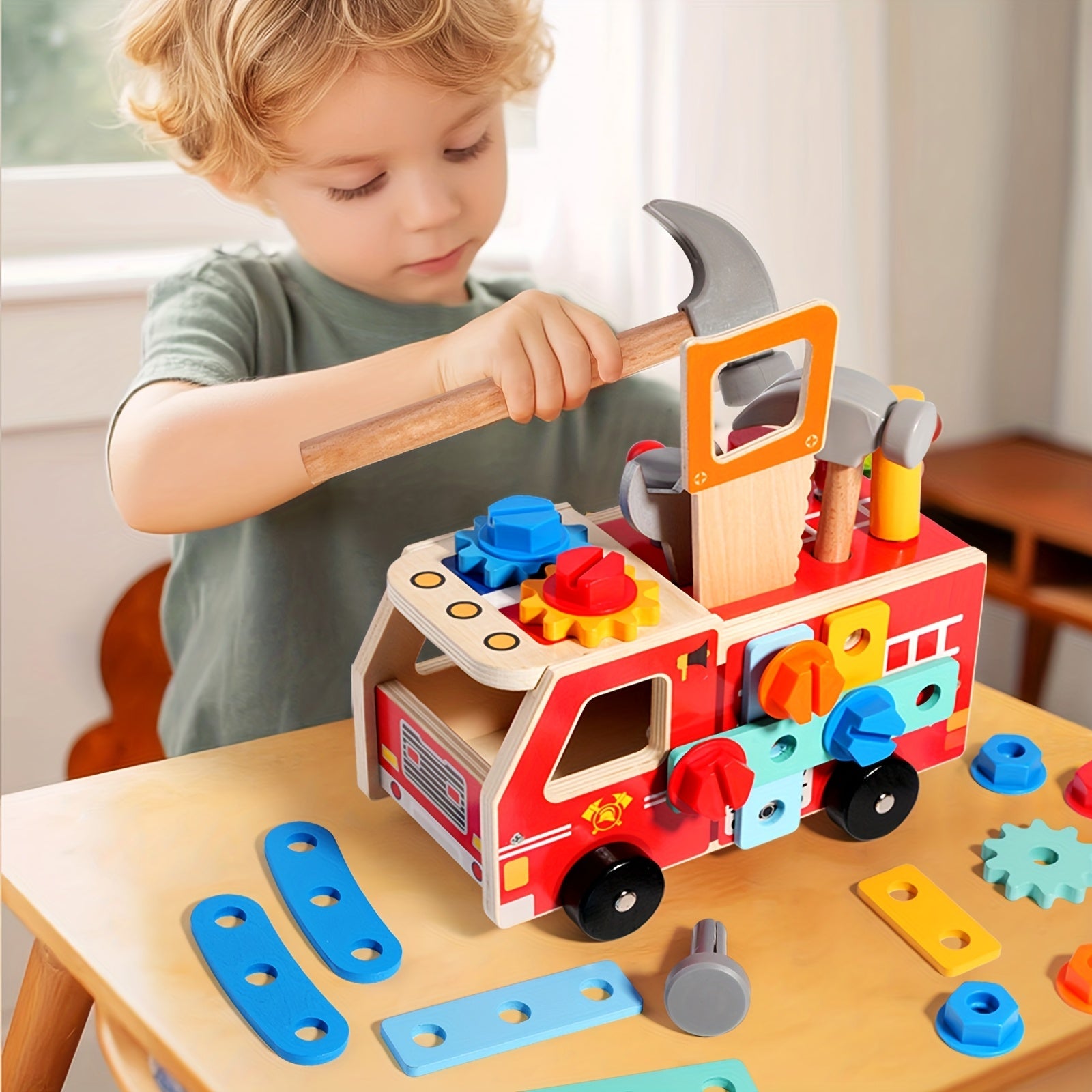 Fidtoy Camión de Bomberos de Madera para Ensamblar | Aprendizaje STEM y Juego Simbólico para Niños Pequeños