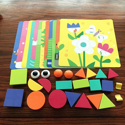 Fidtoy Geometric Button Puzzle with Storage Box, Plastic Shape and Color Matching Toy with 22 Geometric Buttons, 12 Picture Cards and 2 Fixing Clips Ages 3+