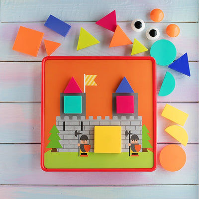 Fidtoy Geometric Button Puzzle with Storage Box, Plastic Shape and Color Matching Toy with 22 Geometric Buttons, 12 Picture Cards and 2 Fixing Clips Ages 3+