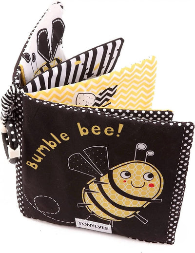 Libro Blando de Alto Contraste de Abeja para Bebés – Libro Sensorial de Tela Sonajero Blanco y Negro para Recién Nacidos y Bebés
