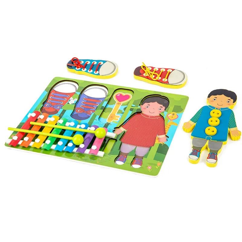 Xylophone en bois et planche d'activités à enfiler