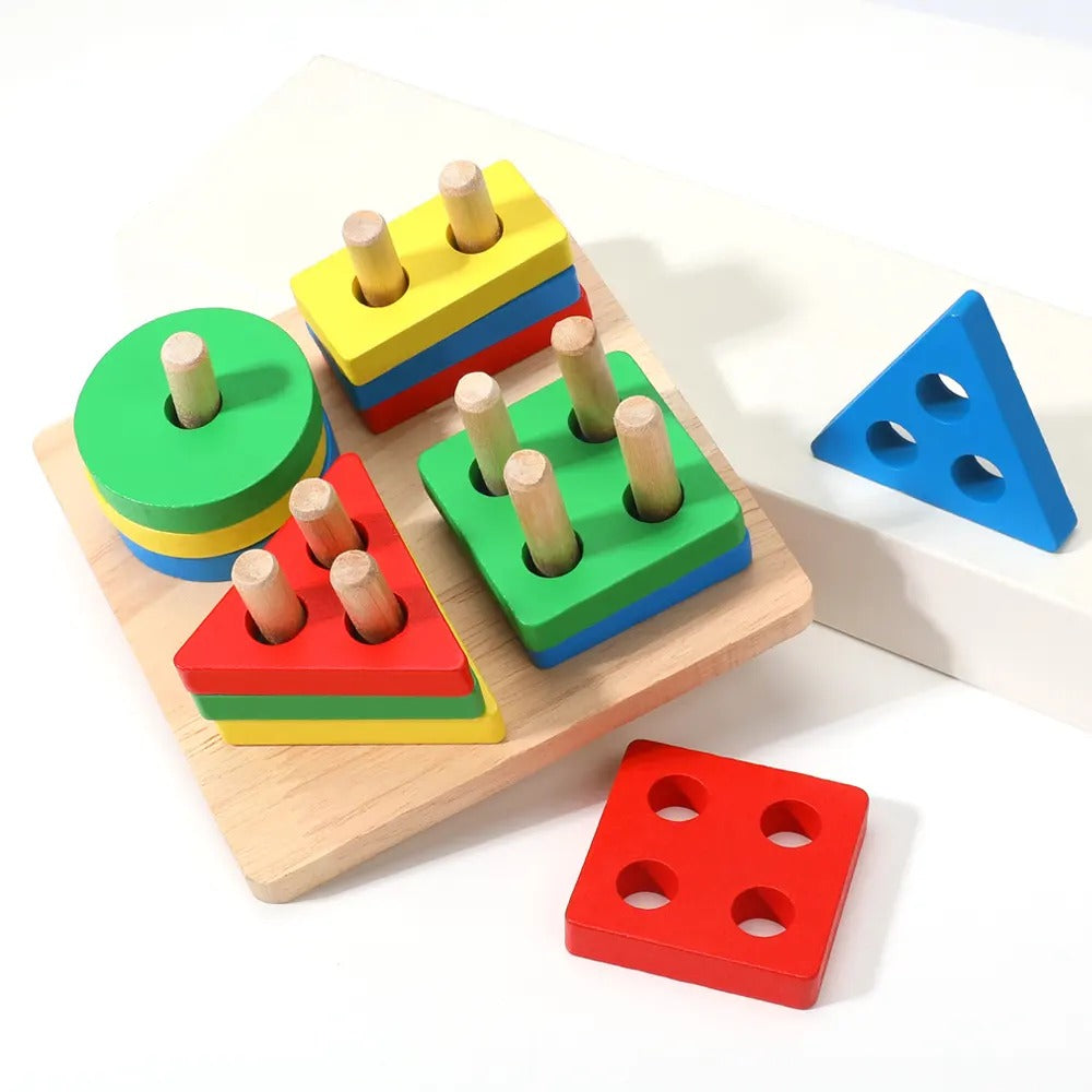 Fidtoy 2 in 1 Geometrical Shapes Learning Four Columns, Wooden Shape Sorting and Stacking Puzzle with 16 Geometric Blocks and Threading Rope Ages 2-6