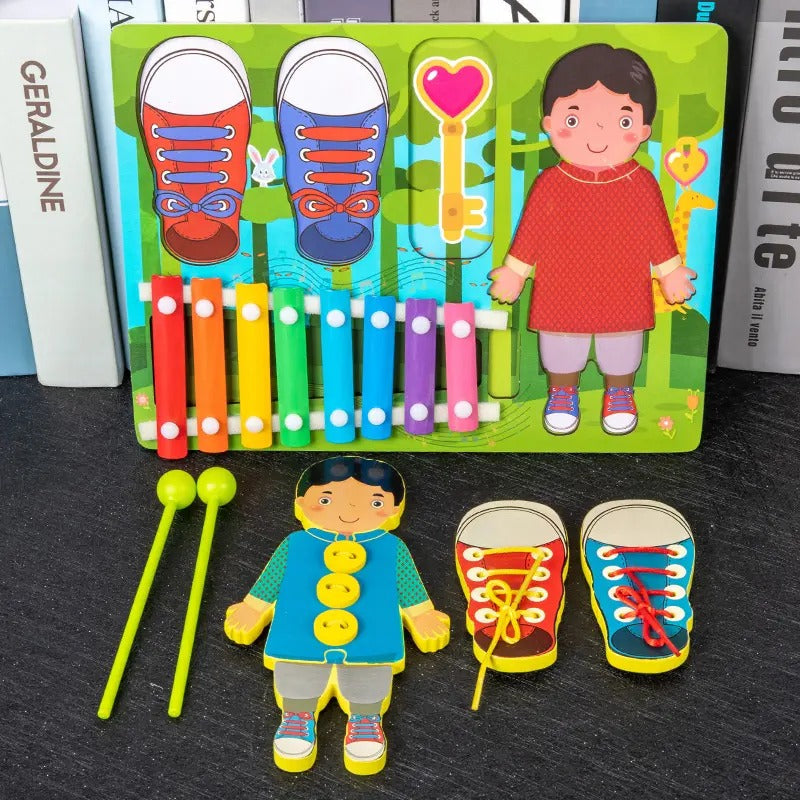 Xylophone en bois et planche d'activités à enfiler