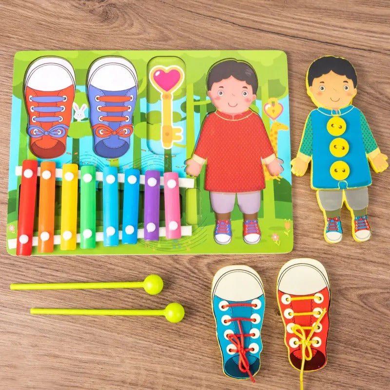 Xylophone en bois et planche d'activités à enfiler