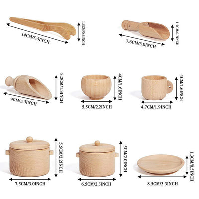 Juego de té y utensilios de madera - Juguetes de motricidad fina